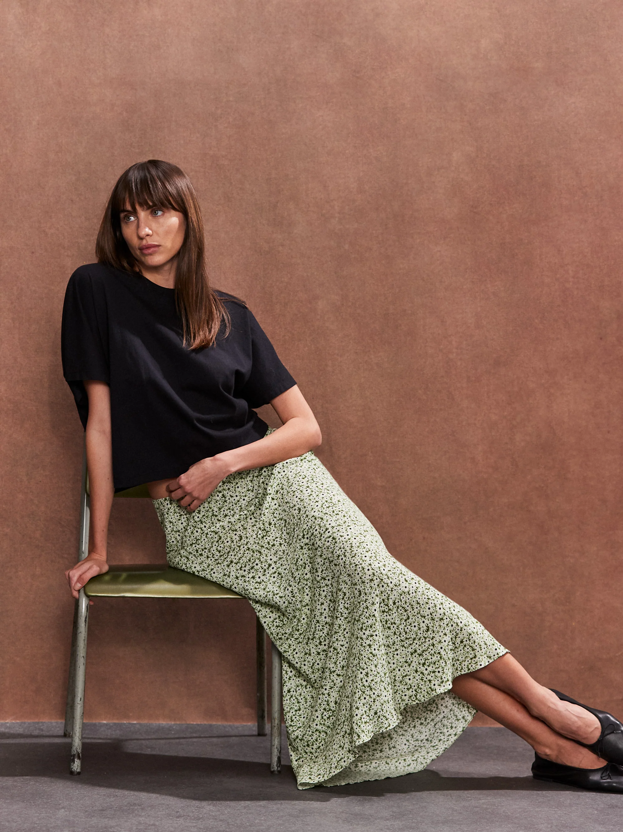 Petite Green Ditsy Bias Cut Maxi Skirt