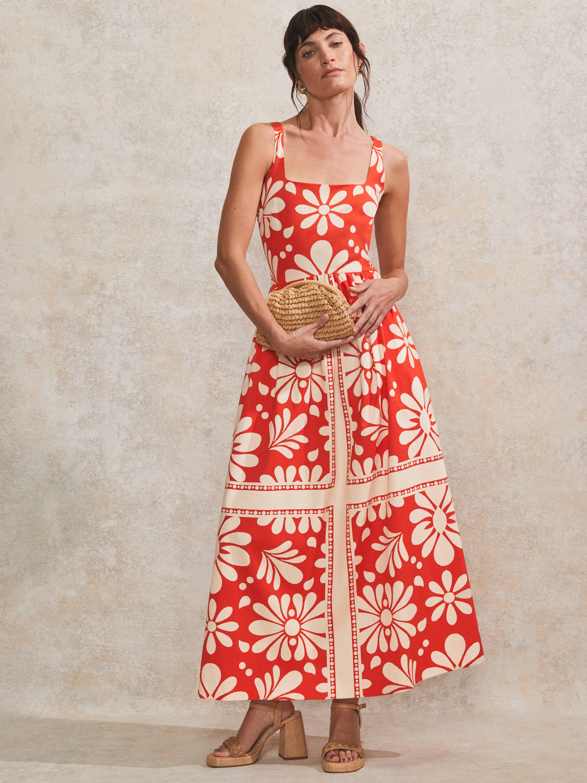 Petite Raya Red Floral-Print Square-Neck Cotton Dress