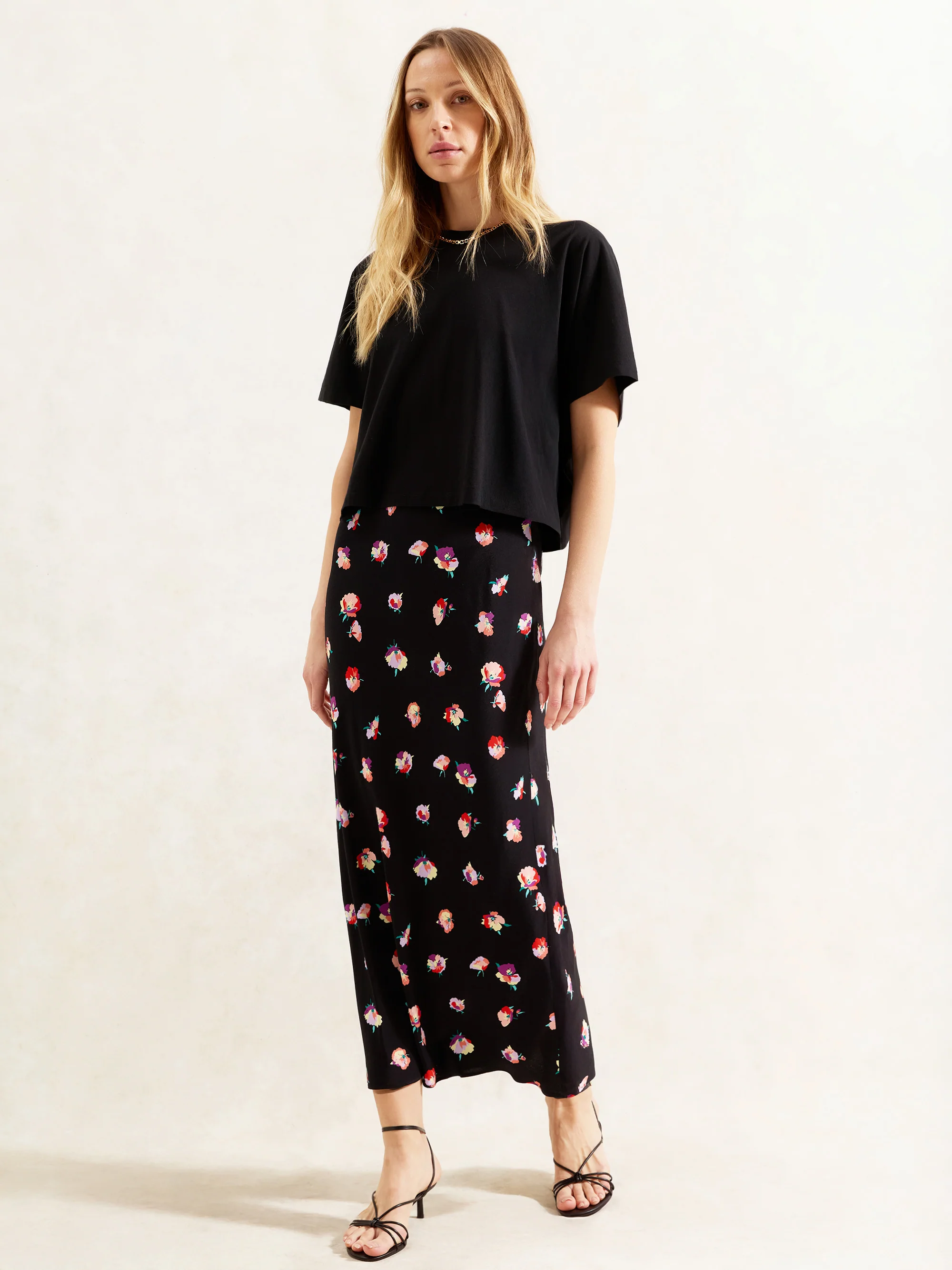 Petite Multi Pansy Printed Bias Cut Skirt