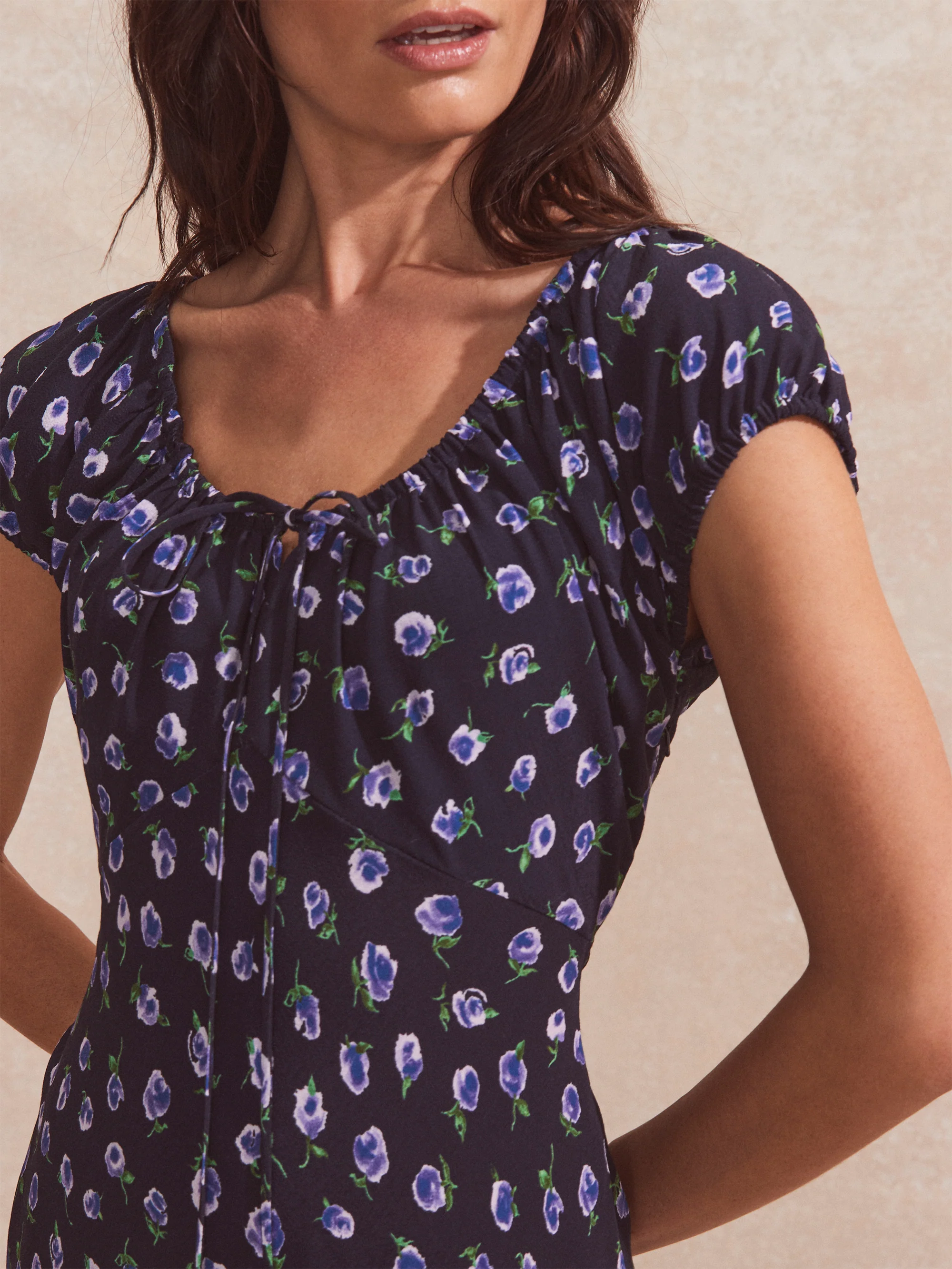 Navy Floral-Print Gathered-Neck Midi Dress