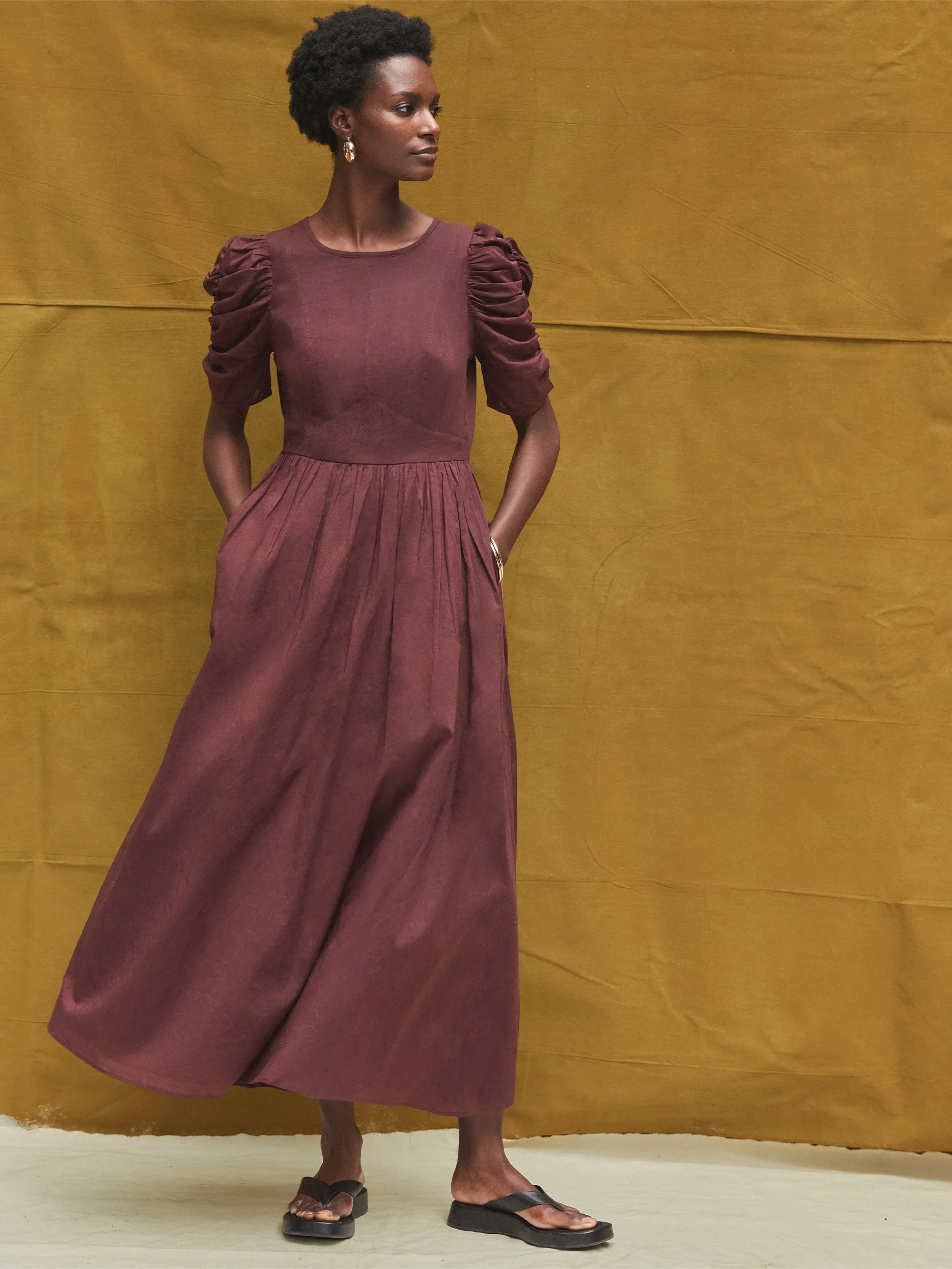 Petite Chocolate Puff-Sleeve Cotton Midi Dress