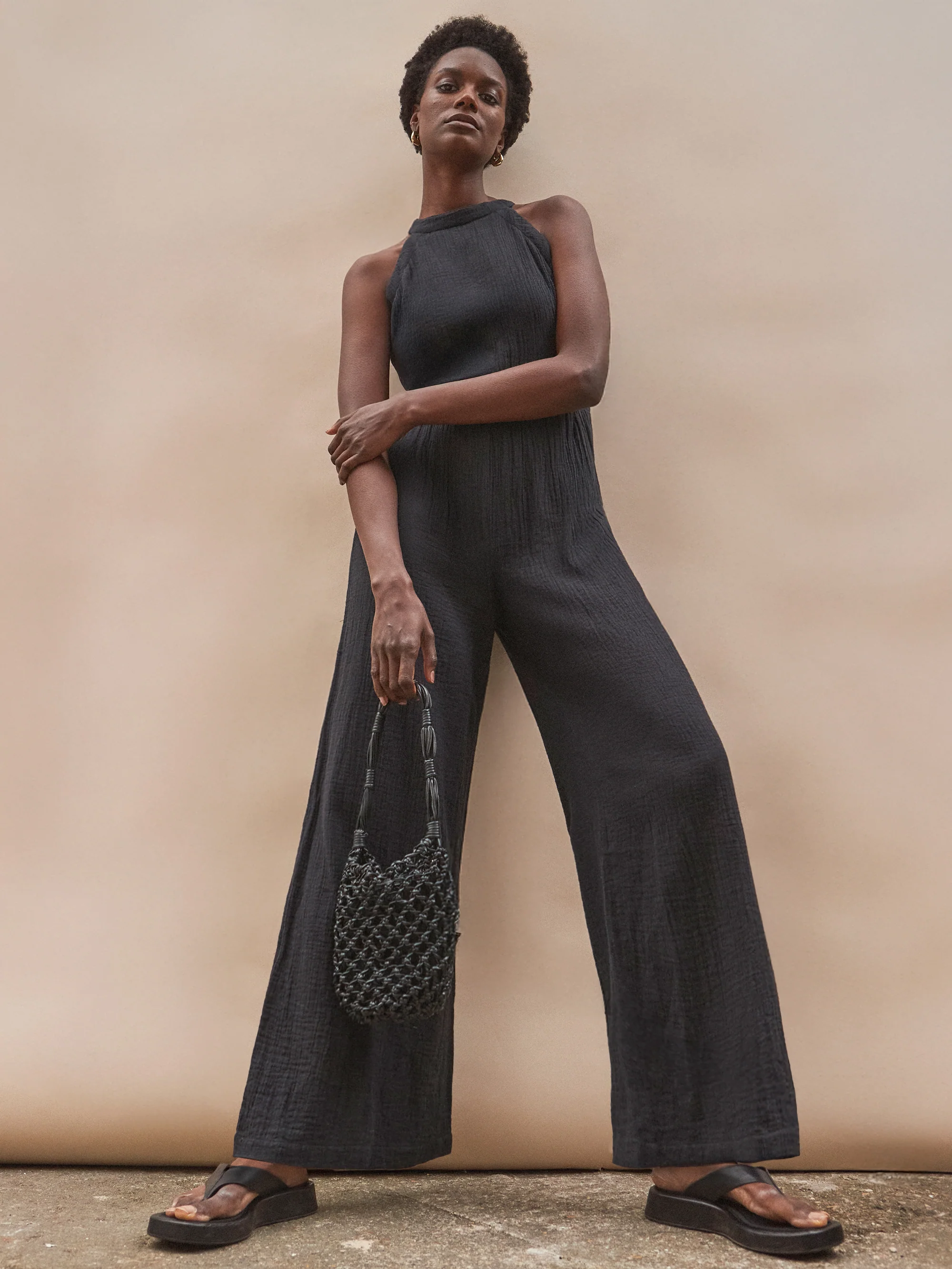 Black Shirred Waist Cheesecloth Jumpsuit