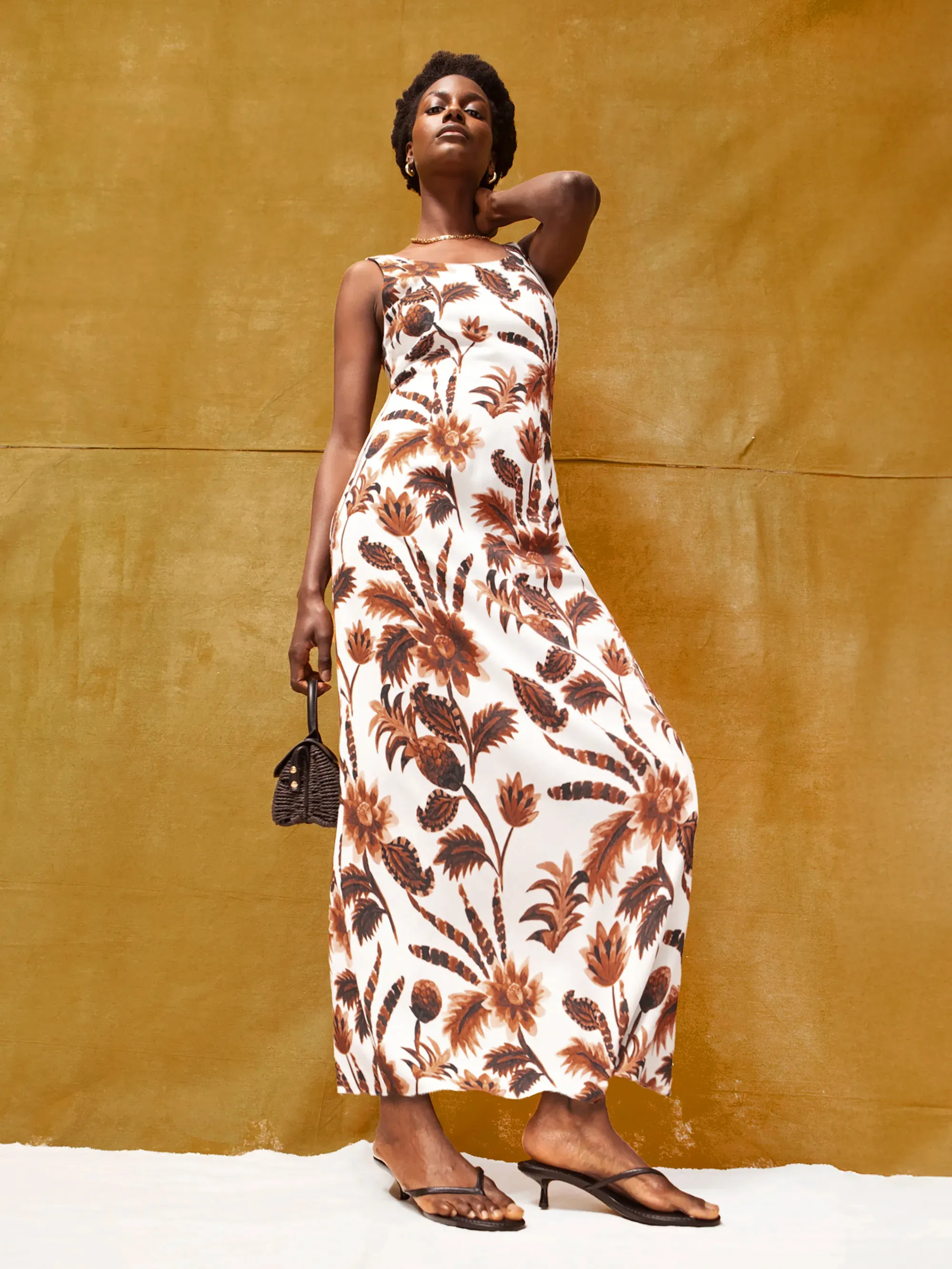 Petite Brown Tropical Floral Linen Blend Dress